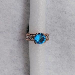 New 18K Rose Gold Plated with Silver Filigree and Acid Blue Stone Ring - Size 7